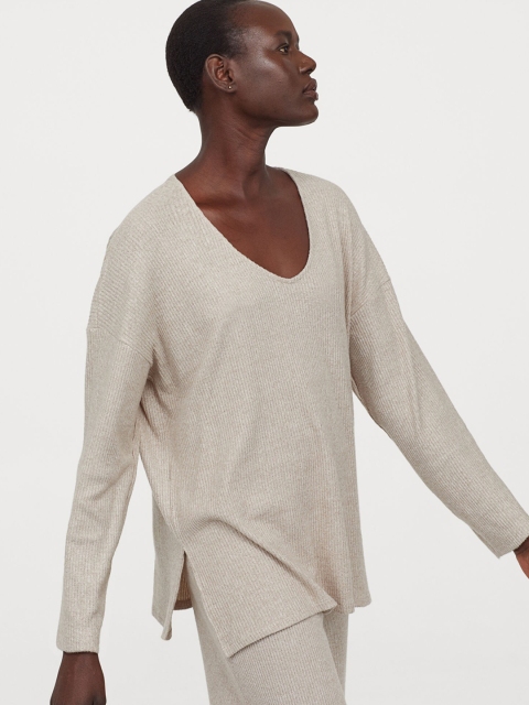 

H&M Women Beige Solid Ribbed Top
