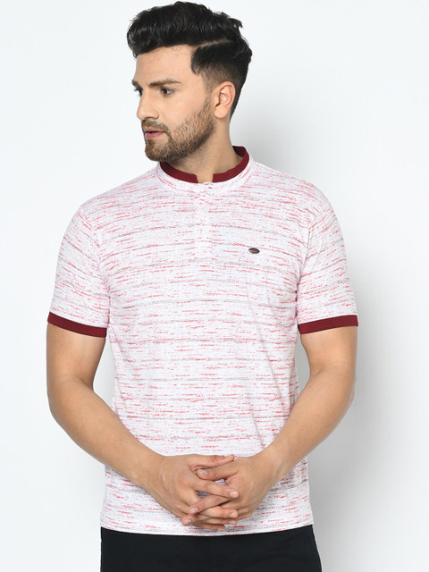 

Duke Men Off-White Striped Mandarin Collar T-shirt