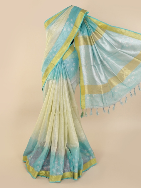 

Pothys Cream-Coloured & Blue Linen Blend Colourblocked Saree
