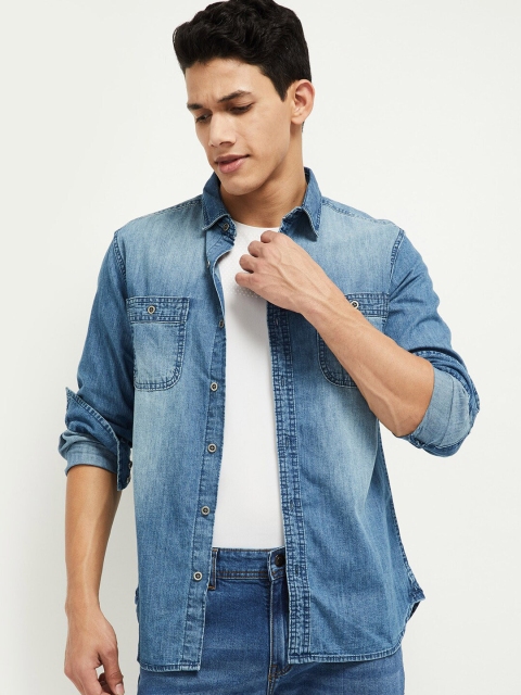

max Men Blue Slim Fit Solid Casual Shirt