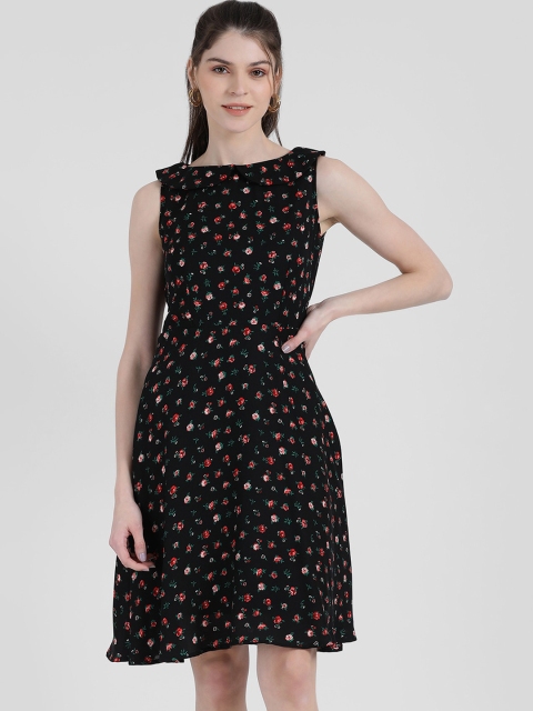 

Zink London Women Black Floral Printed Fit and Flare Dress