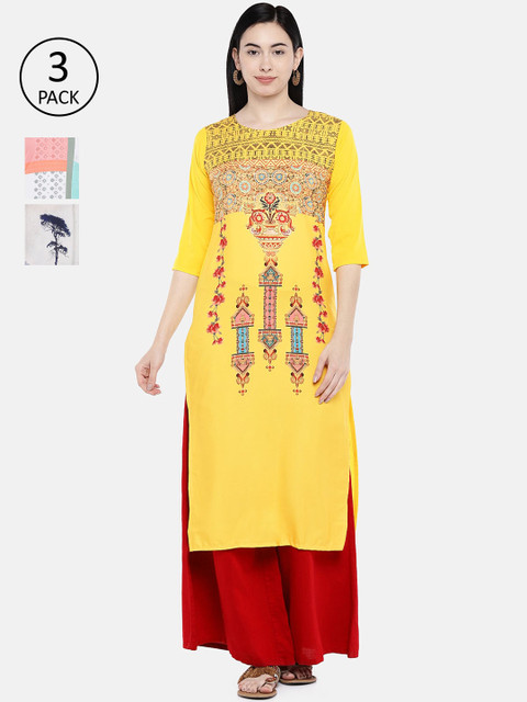 

7Threads Women Pack of 3 Printed Straight Kurtas, Multi