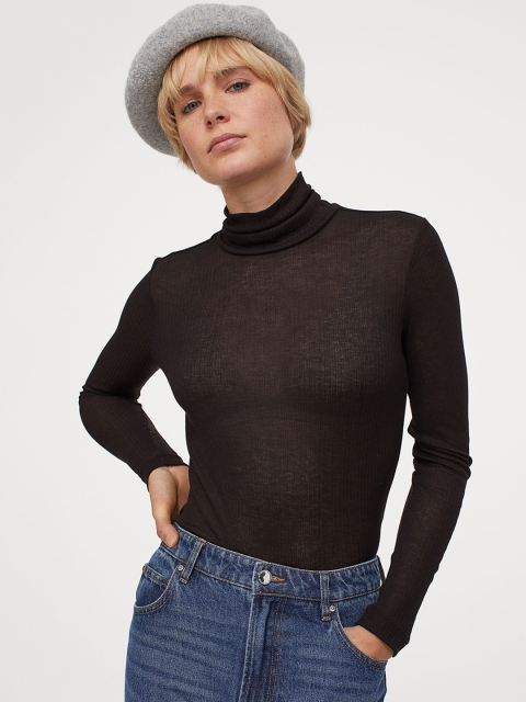

H&M Women Black Fitted Polo-Neck Top