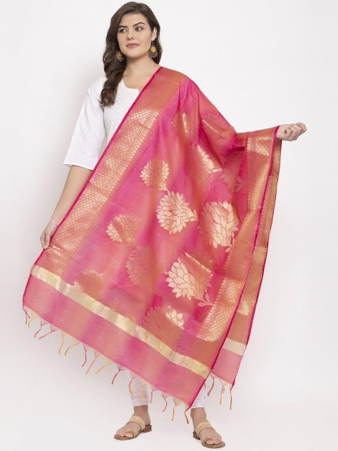 

LOOM LEGACY Women Pink & Gold-Coloured Woven Design Banarasi Jacquard Dupatta