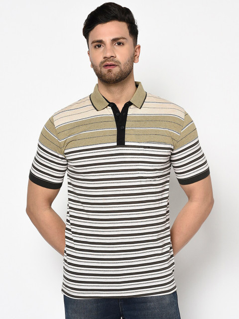 

Duke Men Brown Striped Polo Collar T-shirt