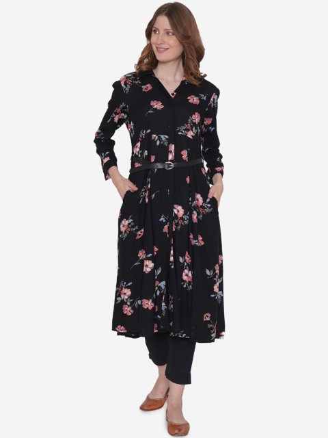 

Vedic Women Black & Pink Floral Printed Tunic