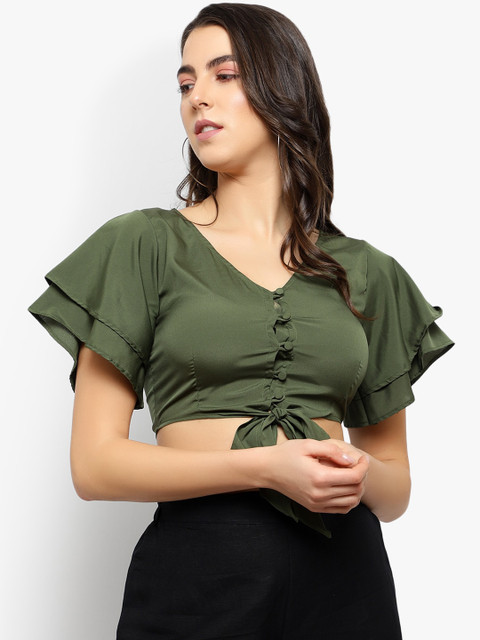 

Meee Women Olive Green Solid Crop Top