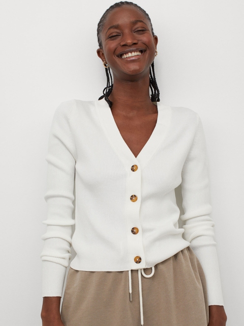 

H&M Women White Rib-knit Sustainable Cardigan