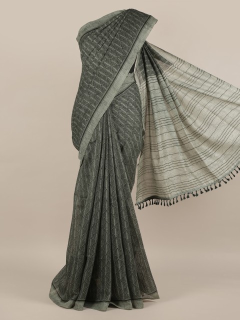 

Pothys Green & Grey Jute Silk Printed Saree with Jhalar Pallu