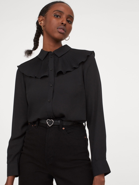 

H&M Women Black Solid Pleated-Layer Sustainable Shirt