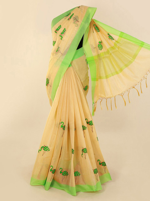 

Pothys Cream-Coloured & Green Tissue Embroidered Saree
