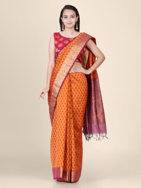 

Hastakala Mustard Yellow & Pink Jute Silk Printed Banarasi Saree