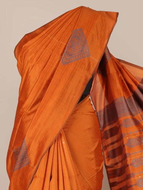 

Pothys Orange Checked Jute Silk Saree