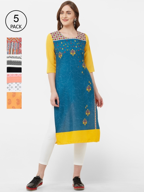 

7Threads Women Pack of 5 Multicoloured Embroidered Straight Kurtas, Multi