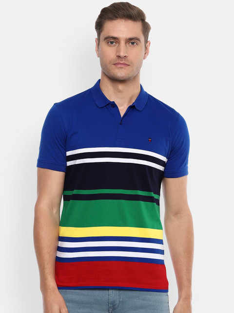 

Louis Philippe Sport Men Blue Striped Polo Collar Pure Cotton T-shirt
