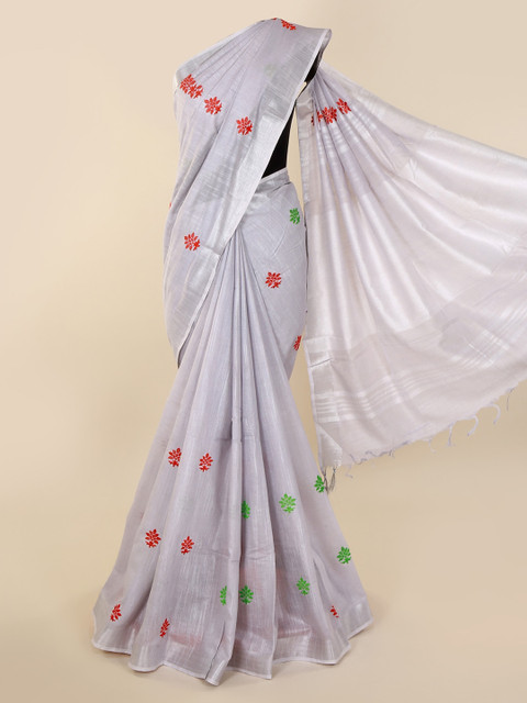 

Pothys Grey Embroidered Linen Blend Saree