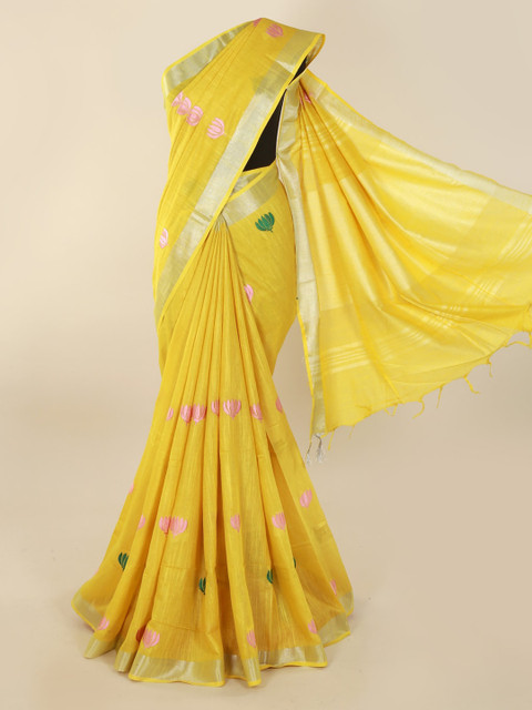 

Pothys Yellow Embroidered Linen Blend Saree