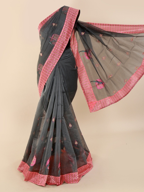 

Pothys Grey & Pink Supernet Embroidered Saree