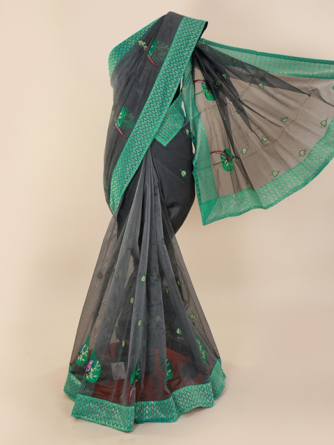 Pothys Charcoal Grey & Green Supernet Embroidered Saree