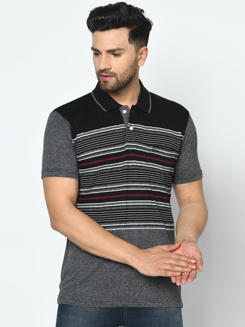

Duke Men Black Striped Polo Collar T-shirt