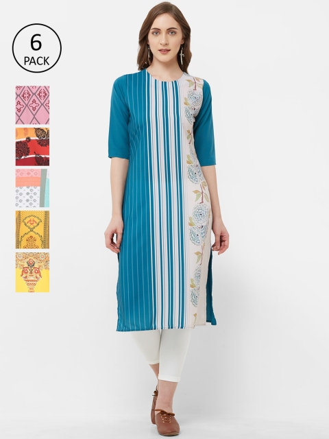 

7Threads Women Pack of 6 Multicoloured Printed Straight Kurtas, Multi
