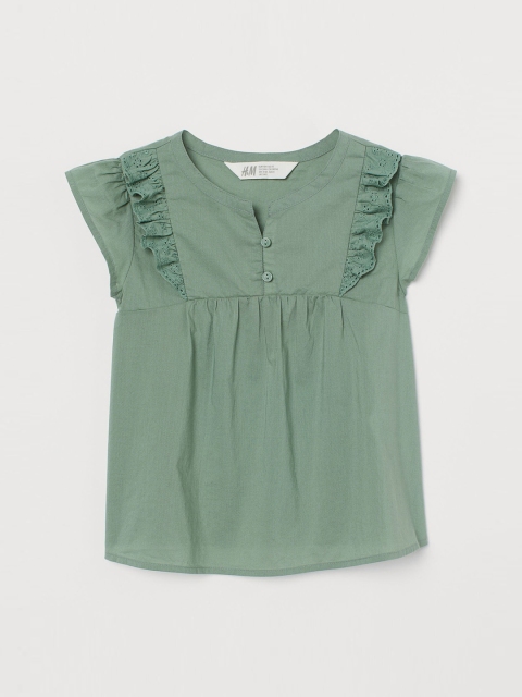 

H&M Girls Green Solid Flounced Cotton Blouse