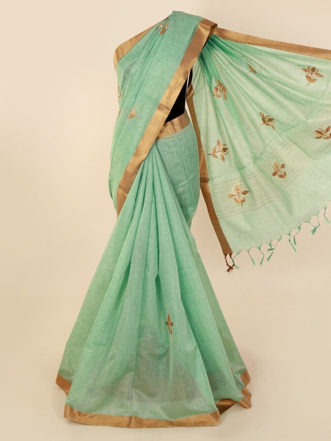 

Pothys Green & Copper-Toned Pure Linen Embroidered Saree