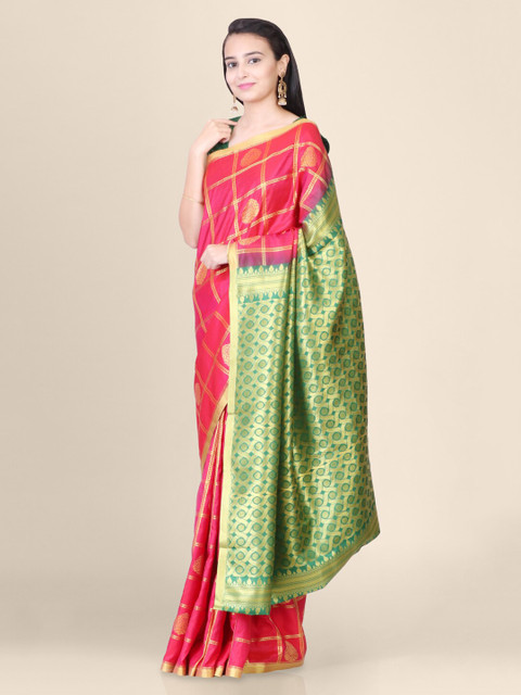 

Hastakala Pink & Green Silk Blend Woven Design Handloom Kanjeevaram Saree