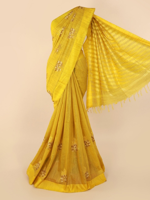 

Pothys Yellow Embroidered Linen Blend Saree
