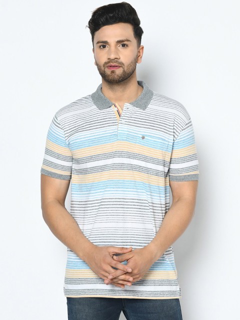 

Duke Men White Striped Polo Collar Cotton T-shirt