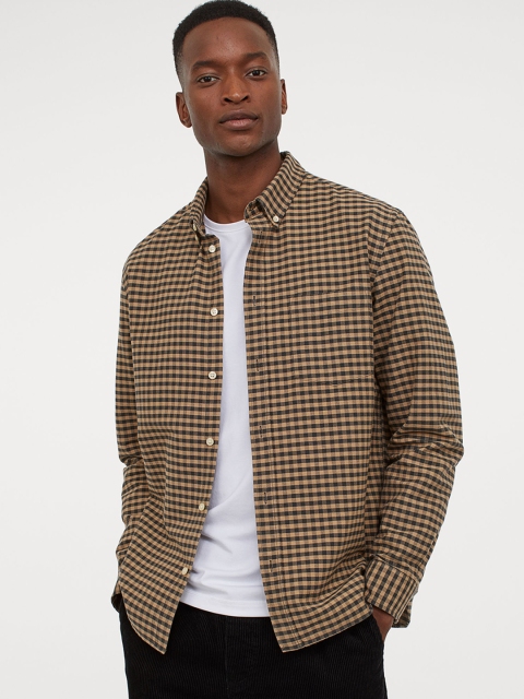 

H&M Men Beige & Black Gingham-Checked Oxford Shirt