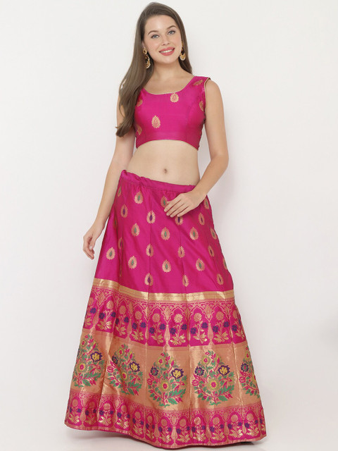 

SALWAR STUDIO Women Pink & Gold Coloured Woven Design Unstitched Blouse With Semi-Stitched Lehenga
