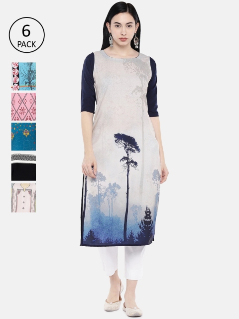 

7Threads Women Pack of 6 Printed Straight Kurtas, Multi