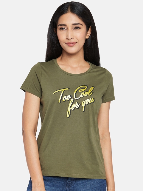

Honey by Pantaloons Women Olive Green Printed Round Neck T-shirt