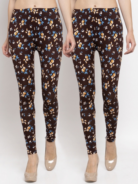 

KLOTTHE Women Pack of 2 Brown & Blue Floral Printed Ankle-Length Leggings