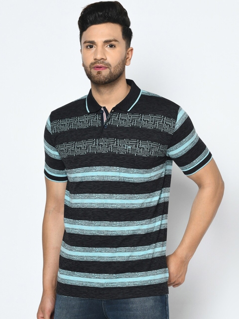 

Duke Men Black Striped Polo Collar T-shirt