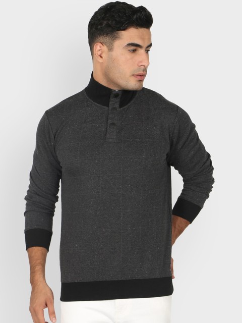

Octave Men Charcoal Grey Checked Henley Neck T-shirt