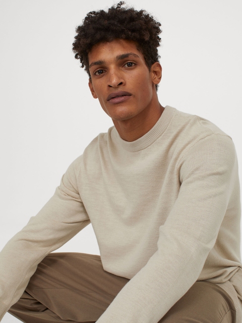 

H&M Men Beige Solid Slub-Knit Jumper