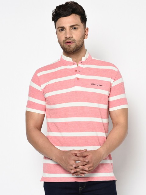 

Duke Men Pink & White Striped Mandarin Collar T-shirt