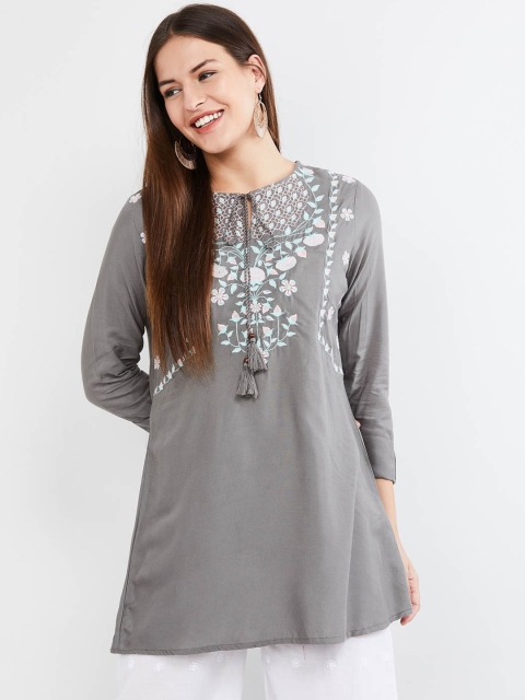 

max Women Grey Embroidered A-Line Top