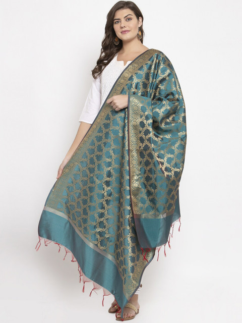 

LOOM LEGACY Women Teal Green & Beige Woven Design Banarsi Jacquard Dupatta
