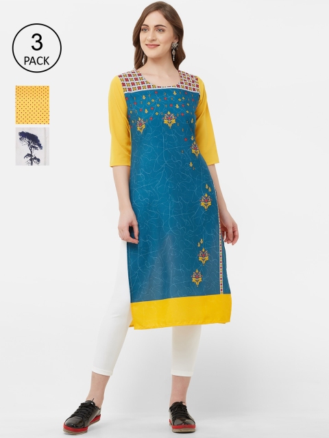 

7Threads Women Pack of 3 Multicoloured Printed Straight Kurtas, Multi