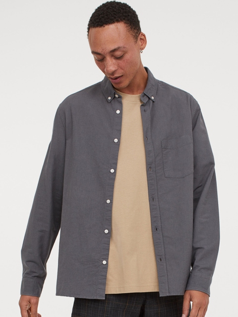

H&M Men Grey Solid Oxford Shirt Regular Fit