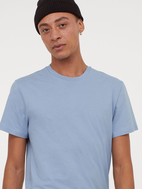 H&M Men Blue Solid Round-Neck T-shirt Regular Fit
