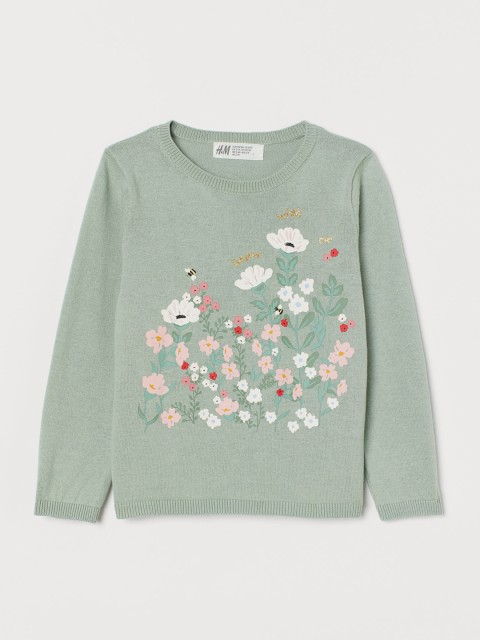 

H&M Girls Green Fine-knit Cotton Jumper