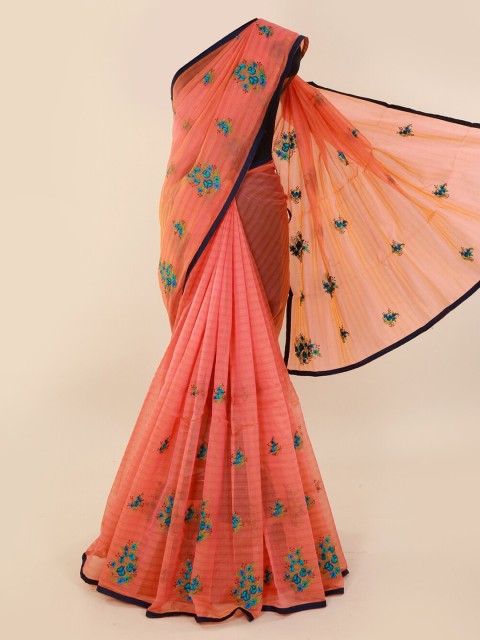 

Pothys Peach-Coloured Embroidered Supernet Saree