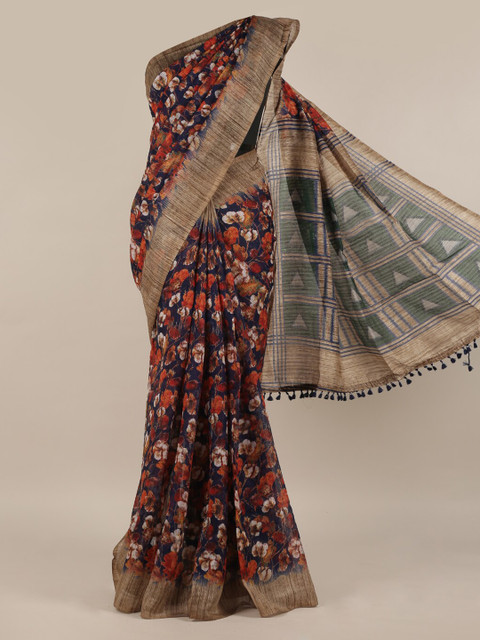 

Pothys Navy Blue & Brown Jute Silk Printed Saree with Jhalar Pallu