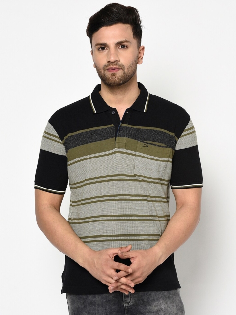 

Duke Men Black Striped Polo Collar T-shirt