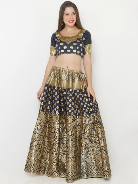 

SALWAR STUDIO Women Navy Blue & Gold-Toned Unstitched Blouse With Semi-Stitched Lehenga