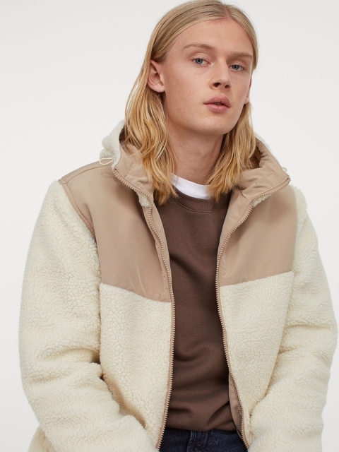 

H&M Men Beige Colourblocked Faux Shearling Jacket